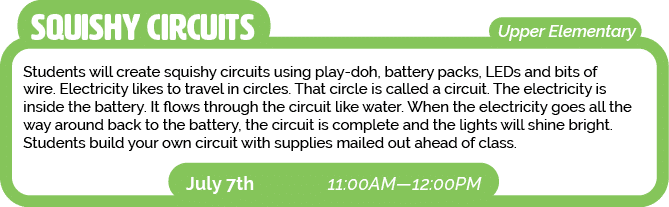 Upper Elementary,Students will create squishy circuits using play-doh, battery packs, LEDs and bits of wire  Electric   
